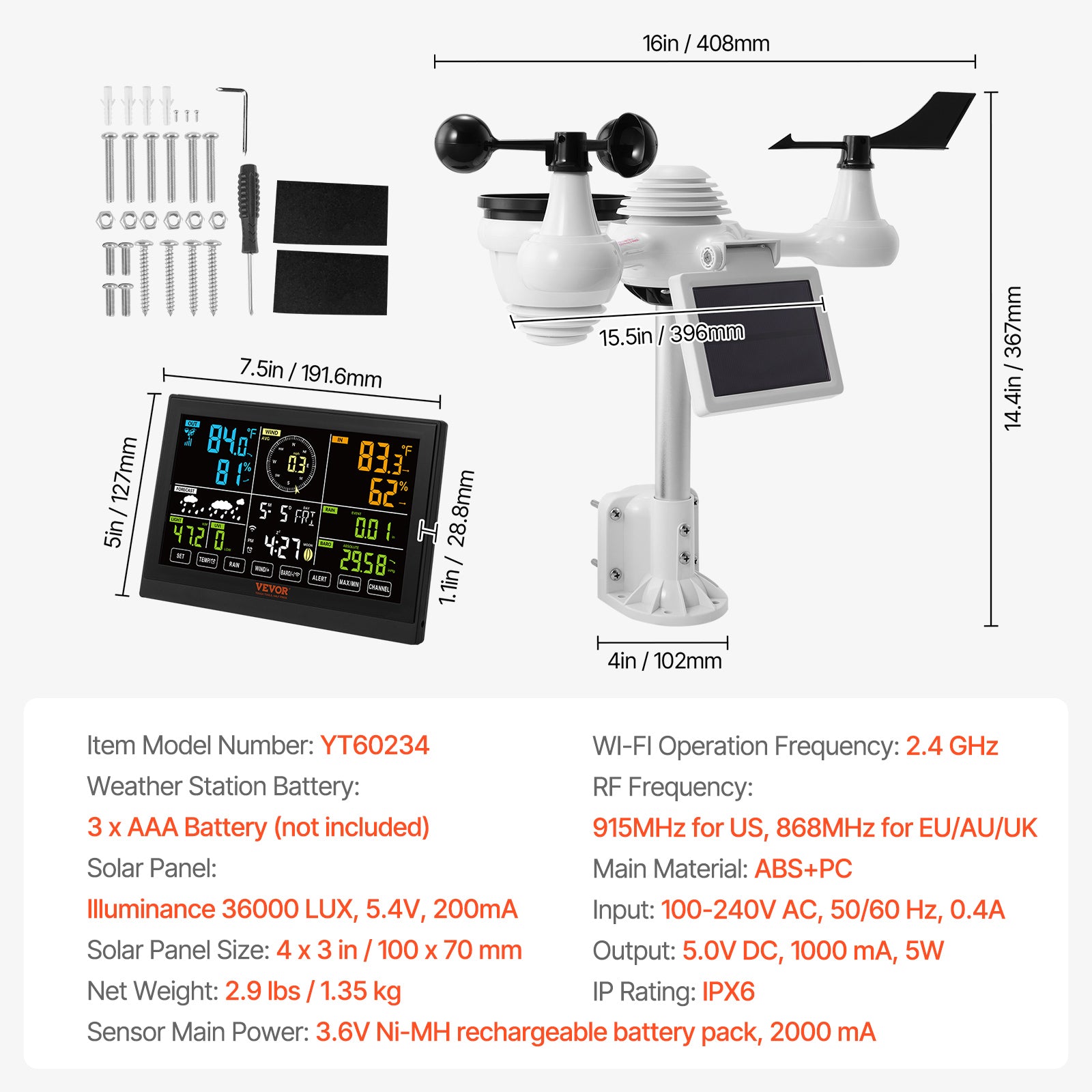 VEVOR 7in1 WiFi Weather Station, 7.5 In Color Display, Home Weather Station Indoor Outdoor, With Solar Wireless Outdoor Sensor  Alarm Alerts, For Temperature Humidity Wind Speed, Direction, Rain