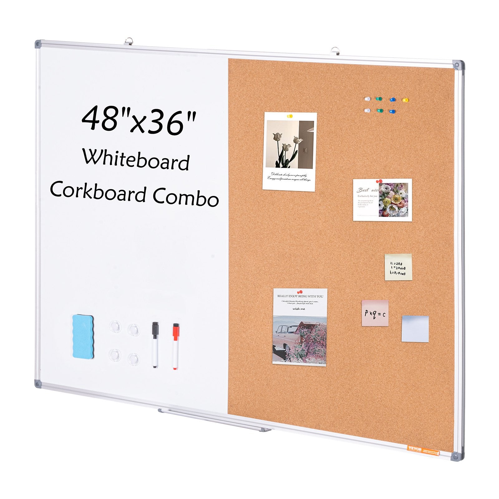 48'x 36' Whiteboard & Cork Board Combo With Aluminum Frame – 2-in-1 Magnetic Dry Erase Bulletin Board For Wall Mount