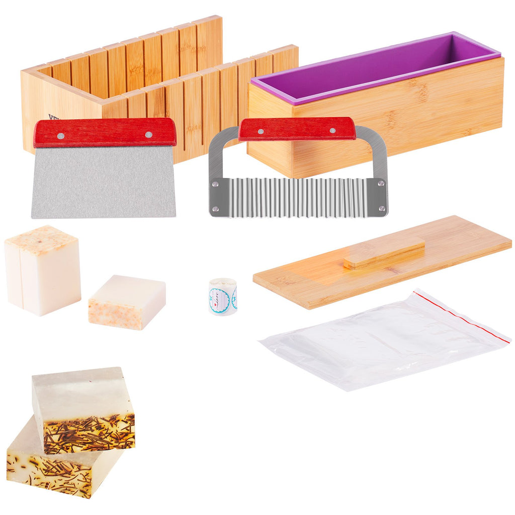 Soap Making Kit, Bamboo Cutting Box And Inner Box With Silicone Mold, Stainless Steel Straight Cutter And Wavy Cutter, 100 Bags And 105 Stickers, Soap Making Supplies DIY Kits