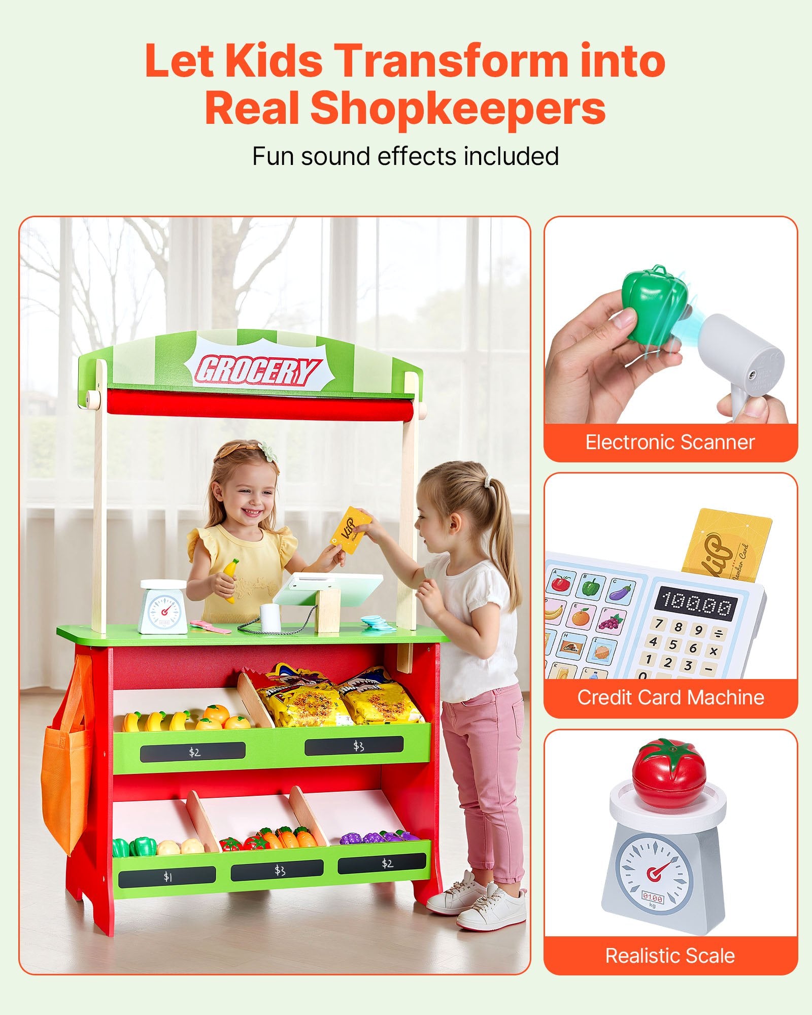 Wooden Puppet Theater 2-in-1 Reversible Play Store Kids Play Market Stand