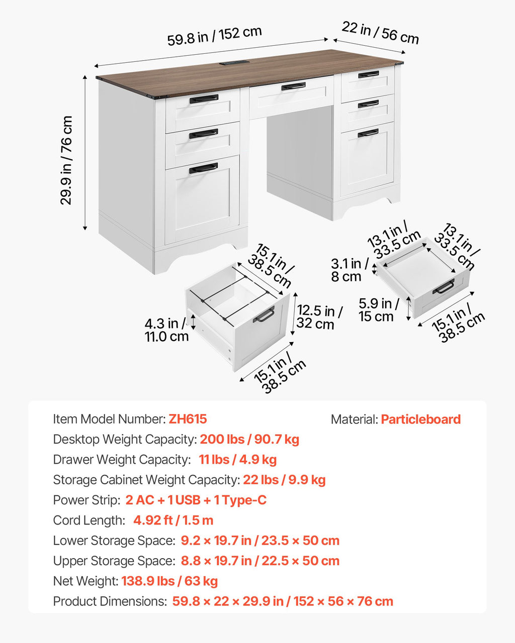 Executive Desk, Farmhouse Office Table With Charging Station