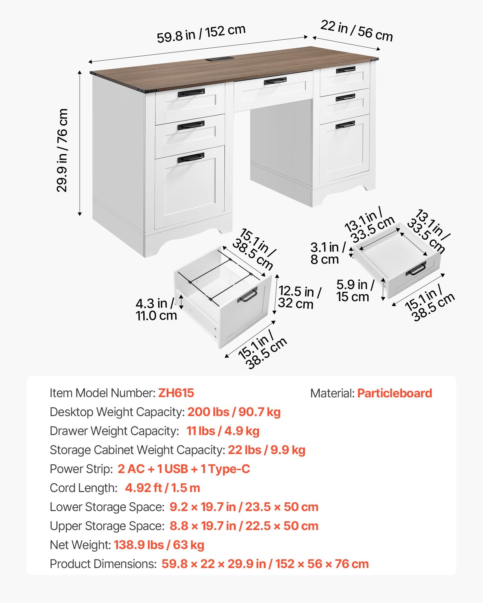 Executive Desk, Farmhouse Office Table With Charging Station