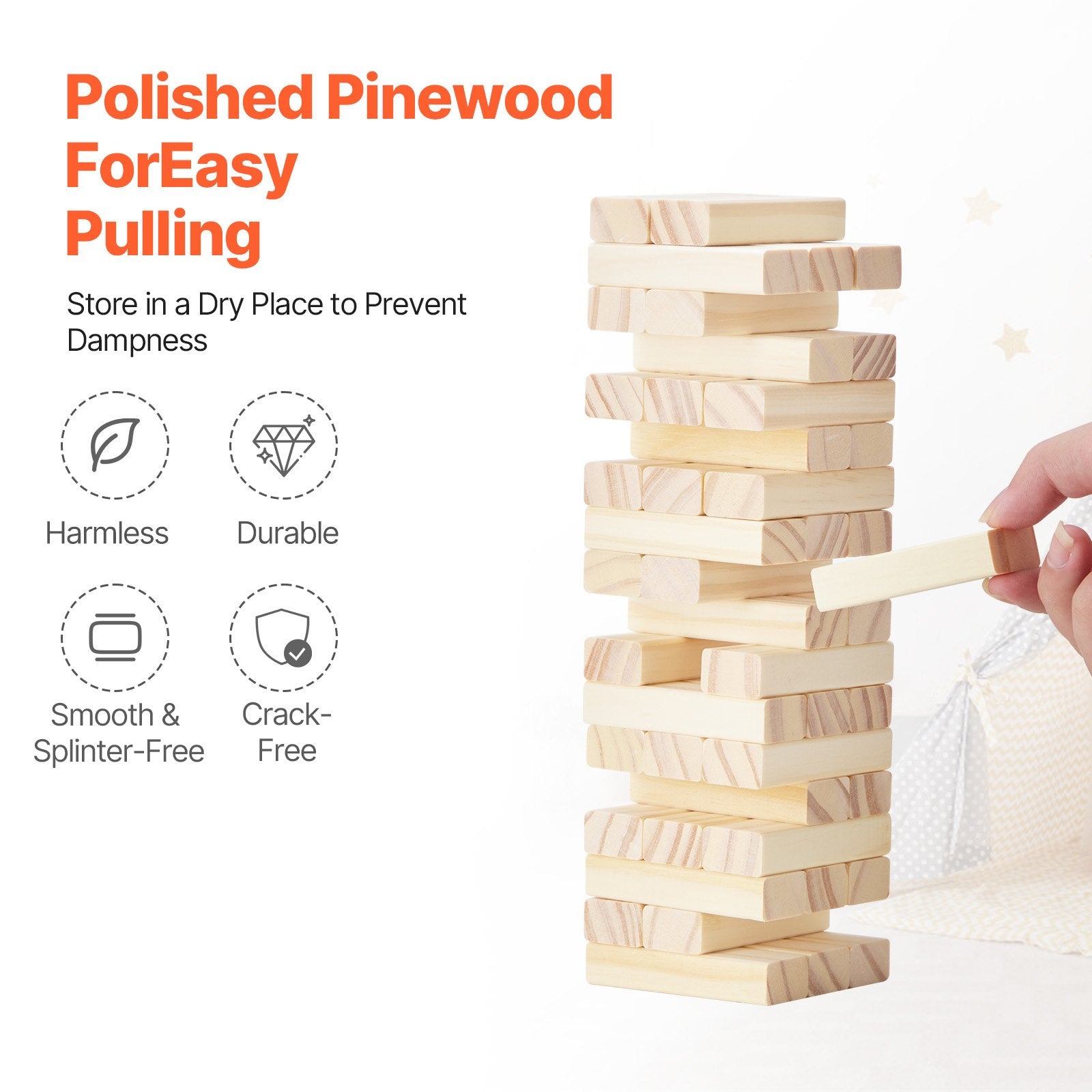 54 Blocks Pine Wood Tumbling Tower Game With Storage Crate