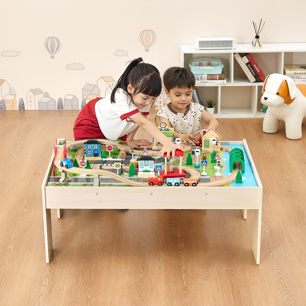 Train Table 84 Pieces Wooden Kids Activity Table With Collapsible Storage Bin