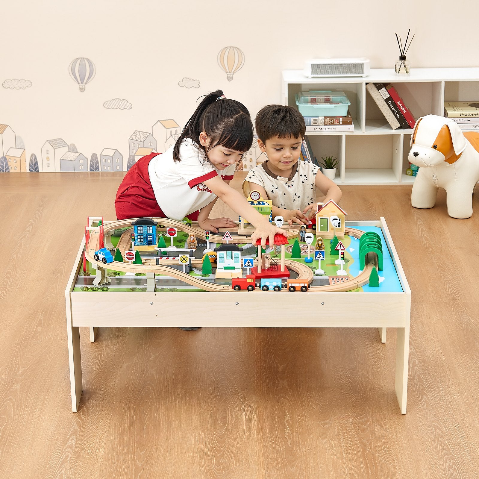 Train Table 84 Pieces Wooden Kids Activity Table With Collapsible Storage Bin