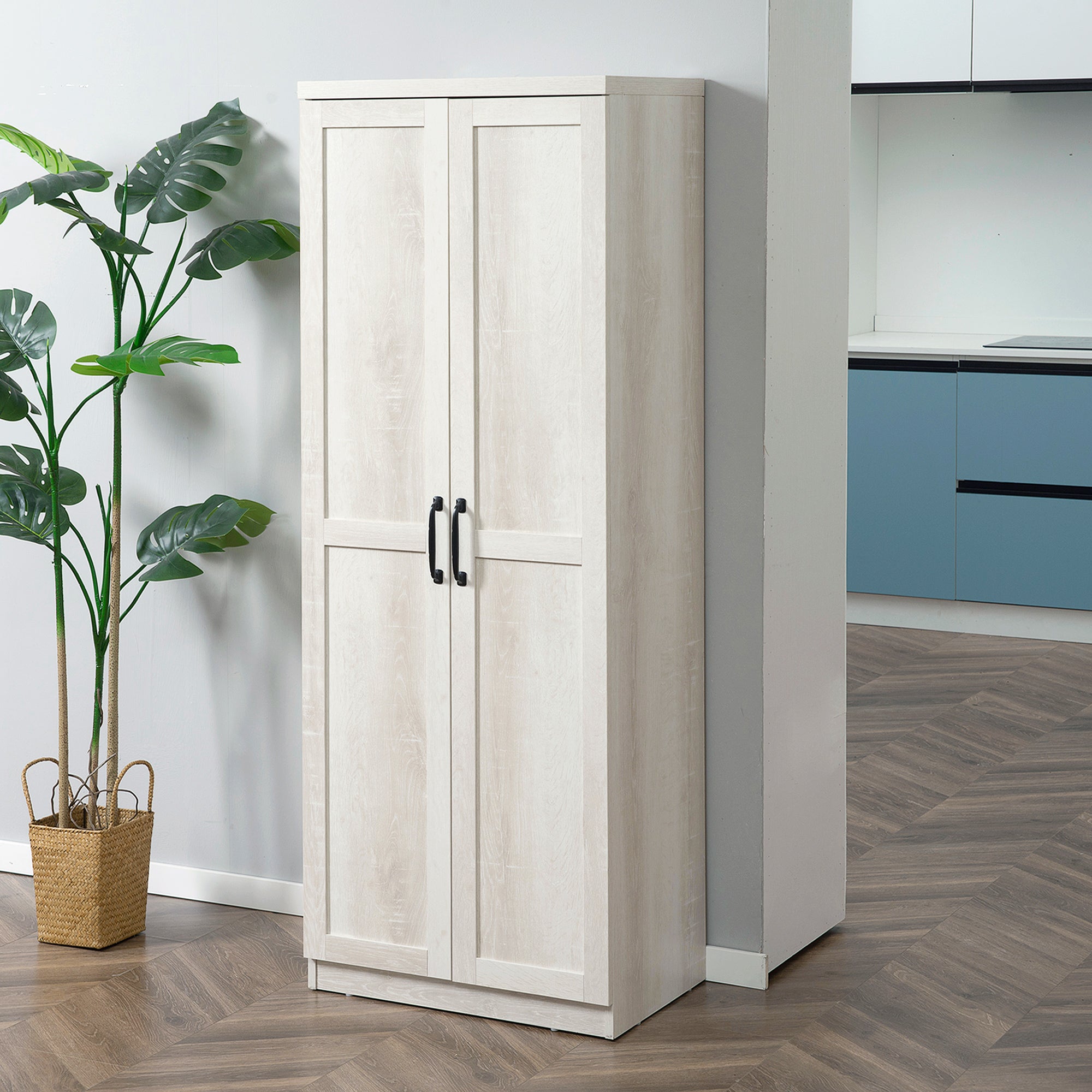 63" Storage Cabinet with 5-tier Shelving and 2 Adjustable Shelves, Antique White
