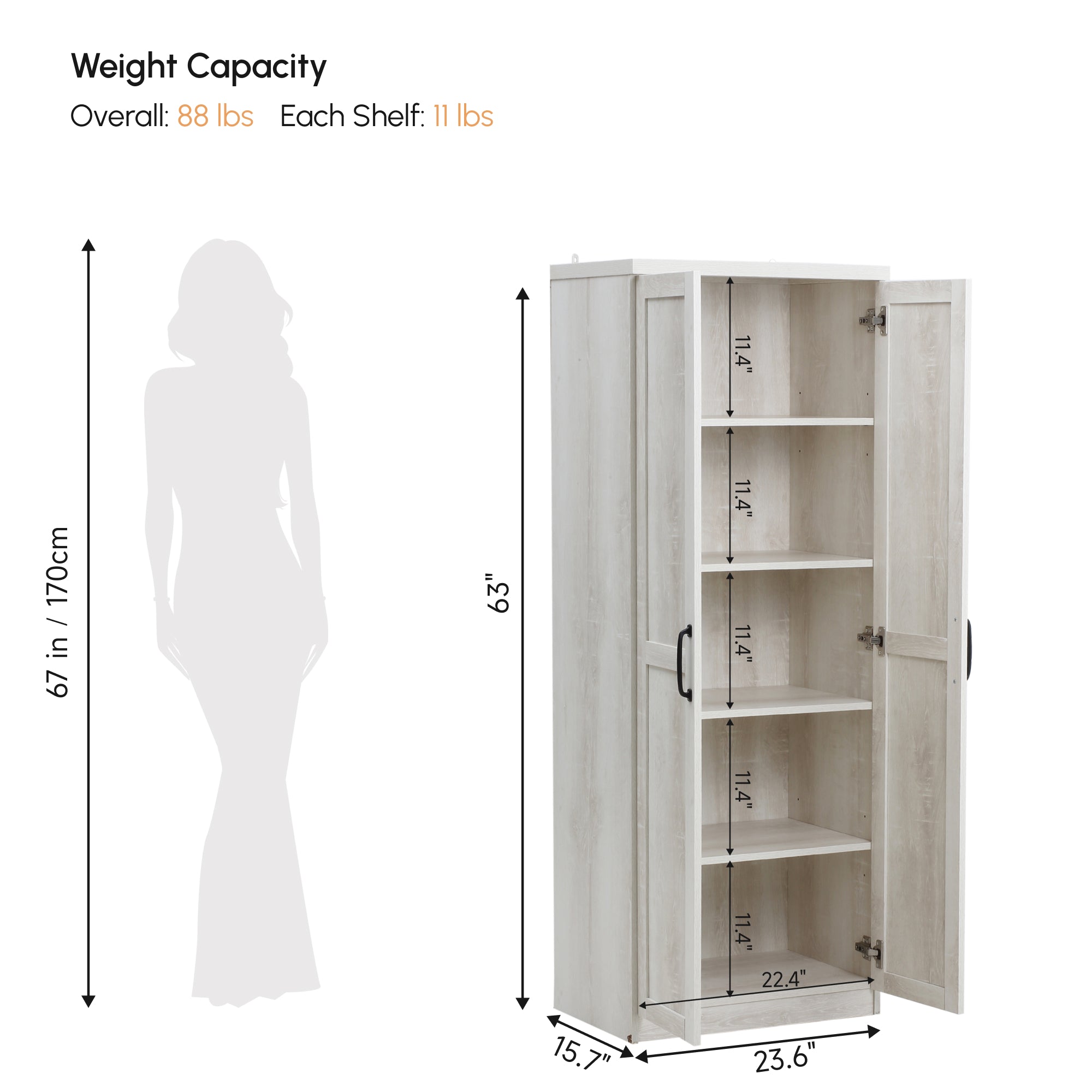 63" Storage Cabinet with 5-tier Shelving and 2 Adjustable Shelves, Antique White