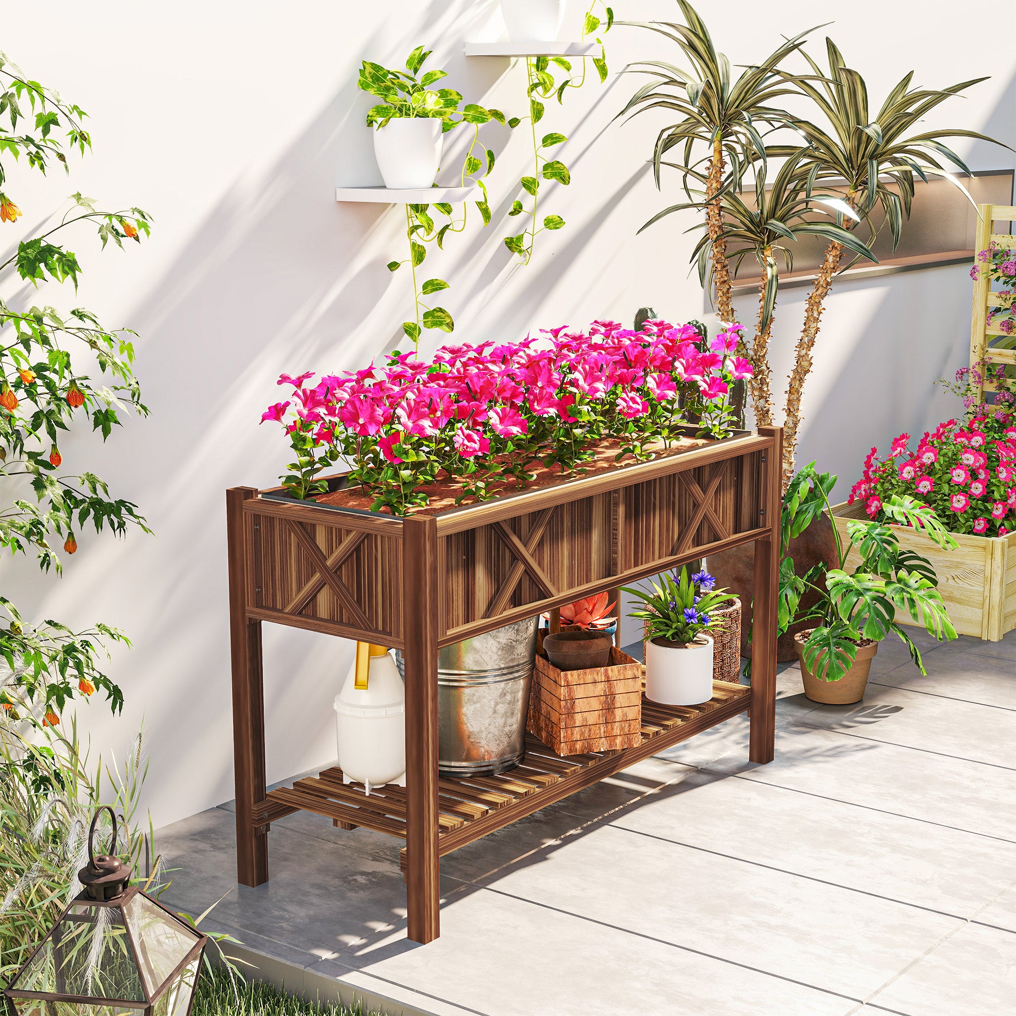 Raised Garden Bed, 47 x 22 x 31.5 in Elevated Wood Planter Box with Storage Shelf, Drainage Holes and Liner, Carbonized