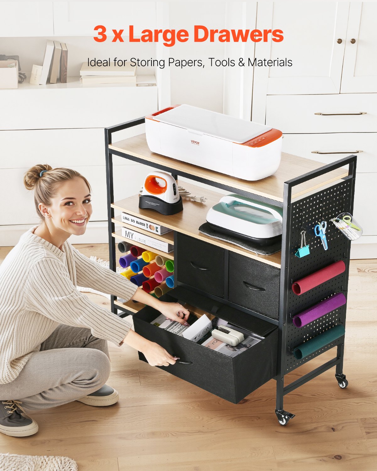 Rolling Craft Cart And Storage Table, Compatible With Cricut Machines, Black