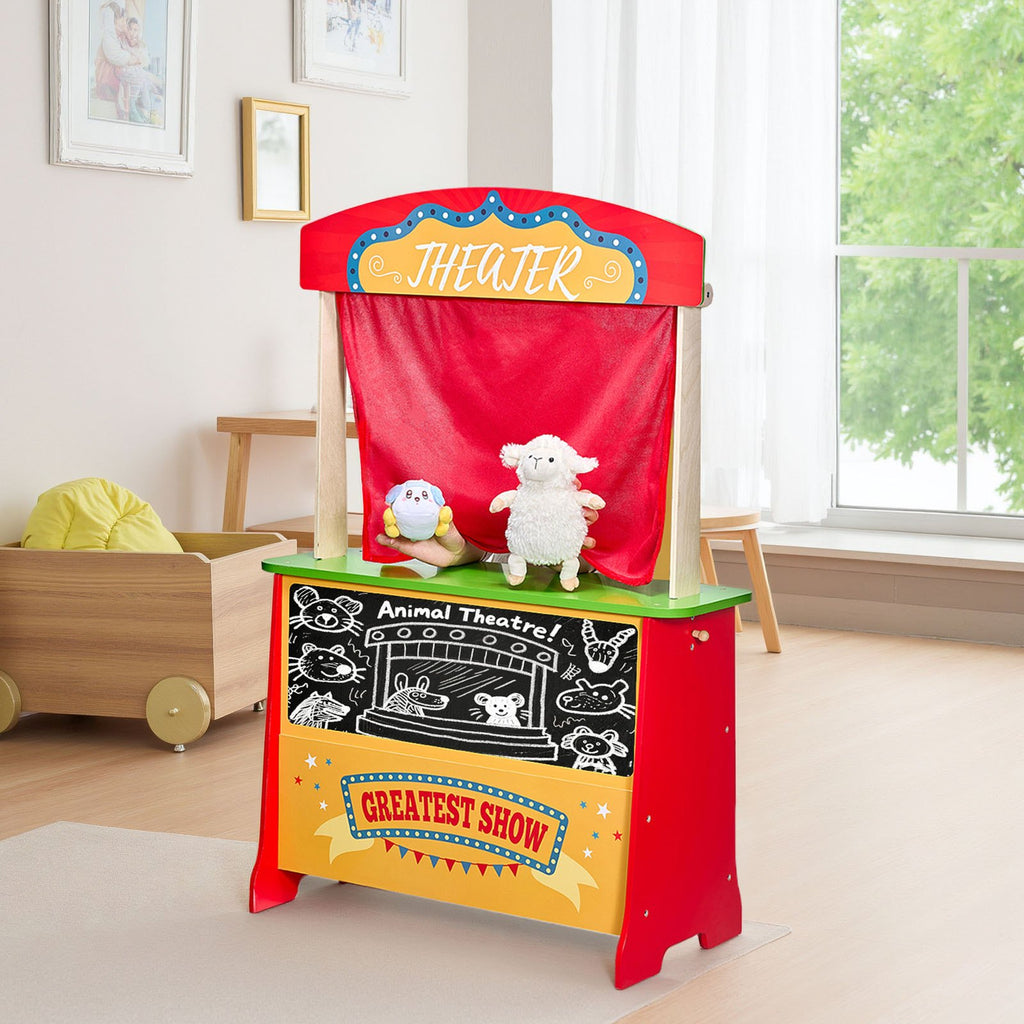 Wooden Puppet Theater 2-in-1 Reversible Play Store Kids Play Market Stand