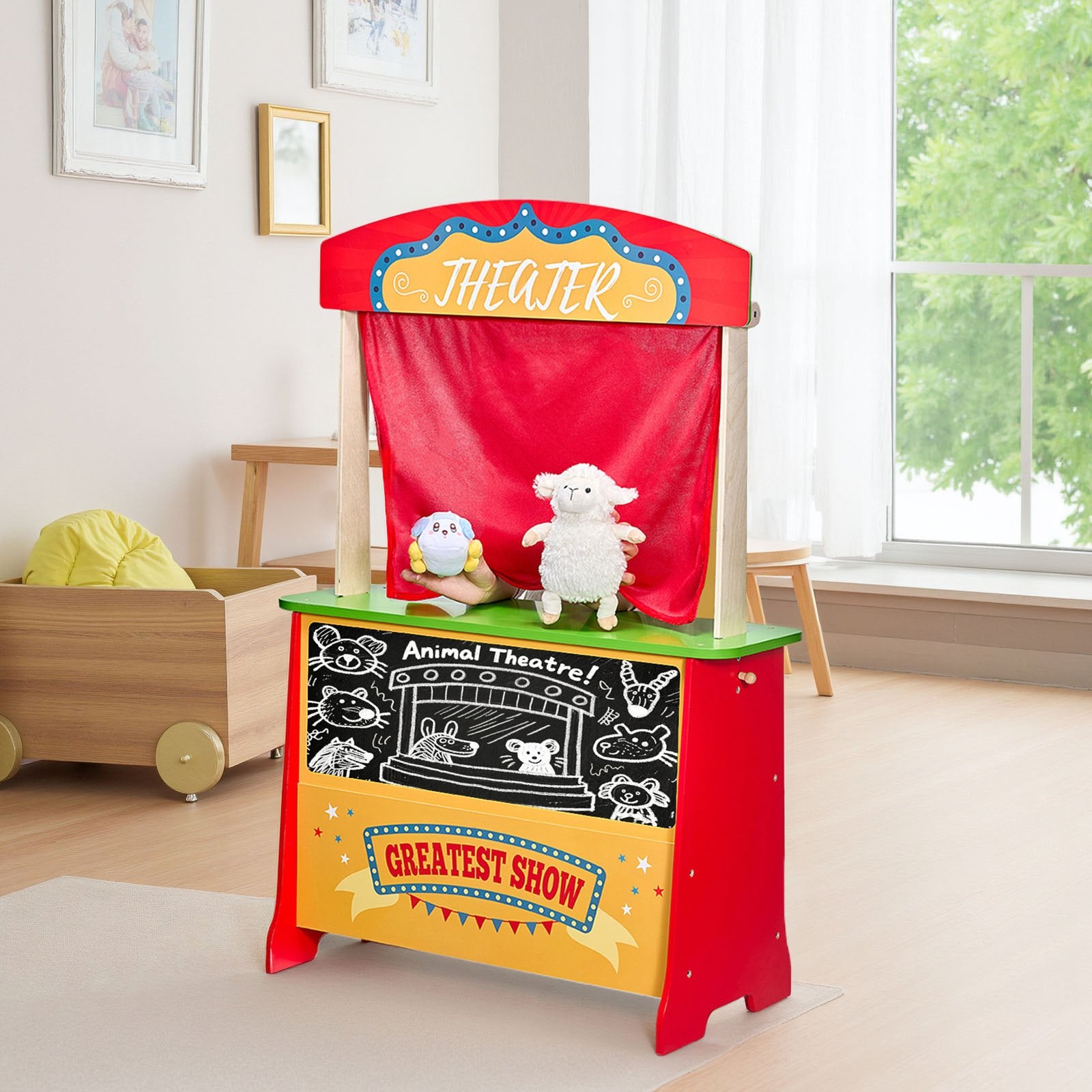 Wooden Puppet Theater 2-in-1 Reversible Play Store Kids Play Market Stand
