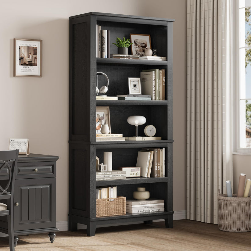 71" Tall Farmhouse Bookcase with Adjustable Shelves Black