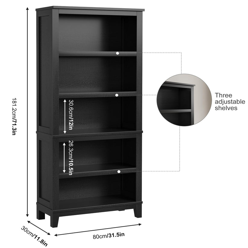 71" Tall Farmhouse Bookcase with Adjustable Shelves Black