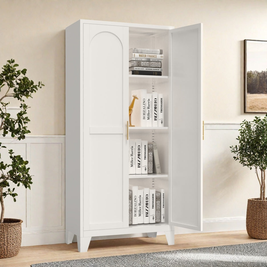 61'' 2 Shapely Doors Cabinet, Metal Storage Cabinet With Doors And Adjustable Shelves, For Bedroom, Living Room White