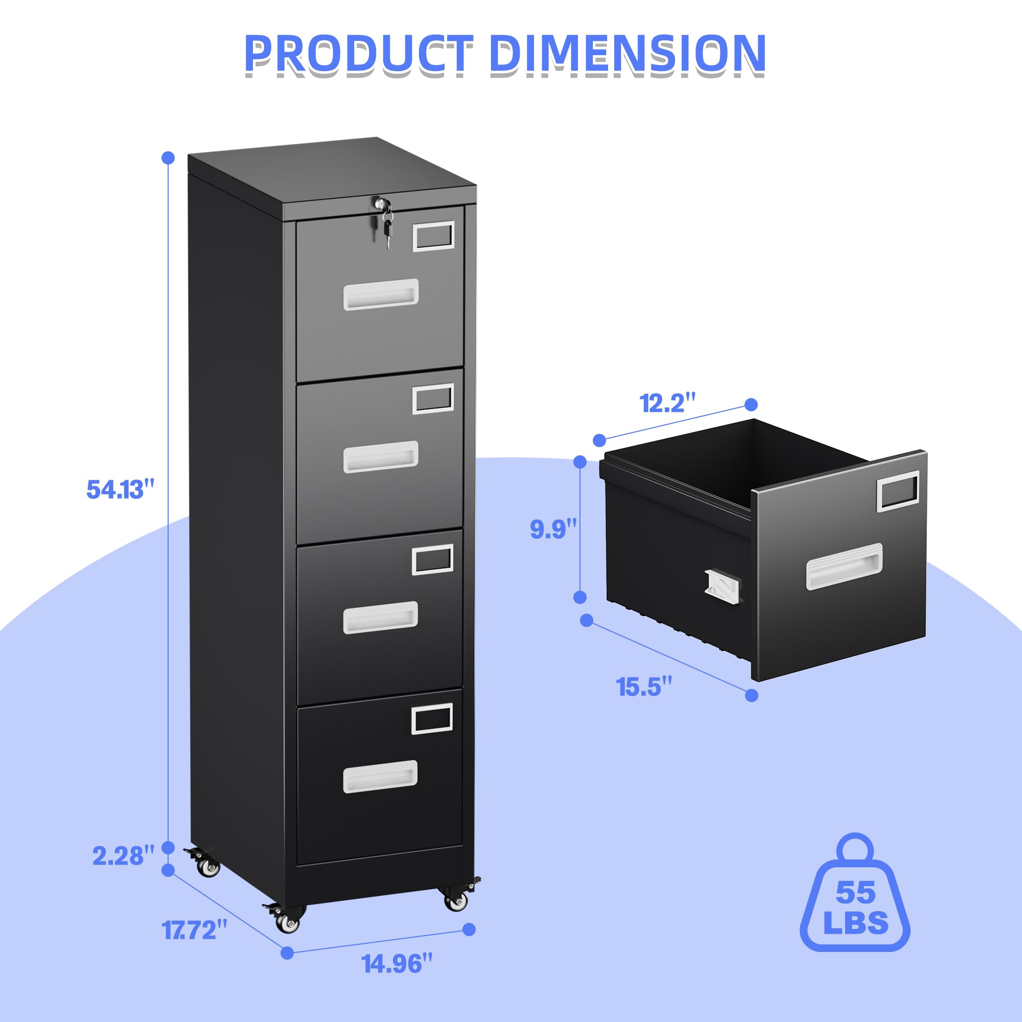 4 Drawer Vertical File Cabinet On Wheels, Lockable Assembly Required, Black