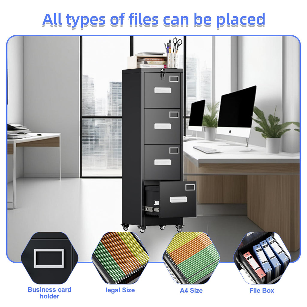 4 Drawer Vertical File Cabinet On Wheels, Lockable Assembly Required, Black