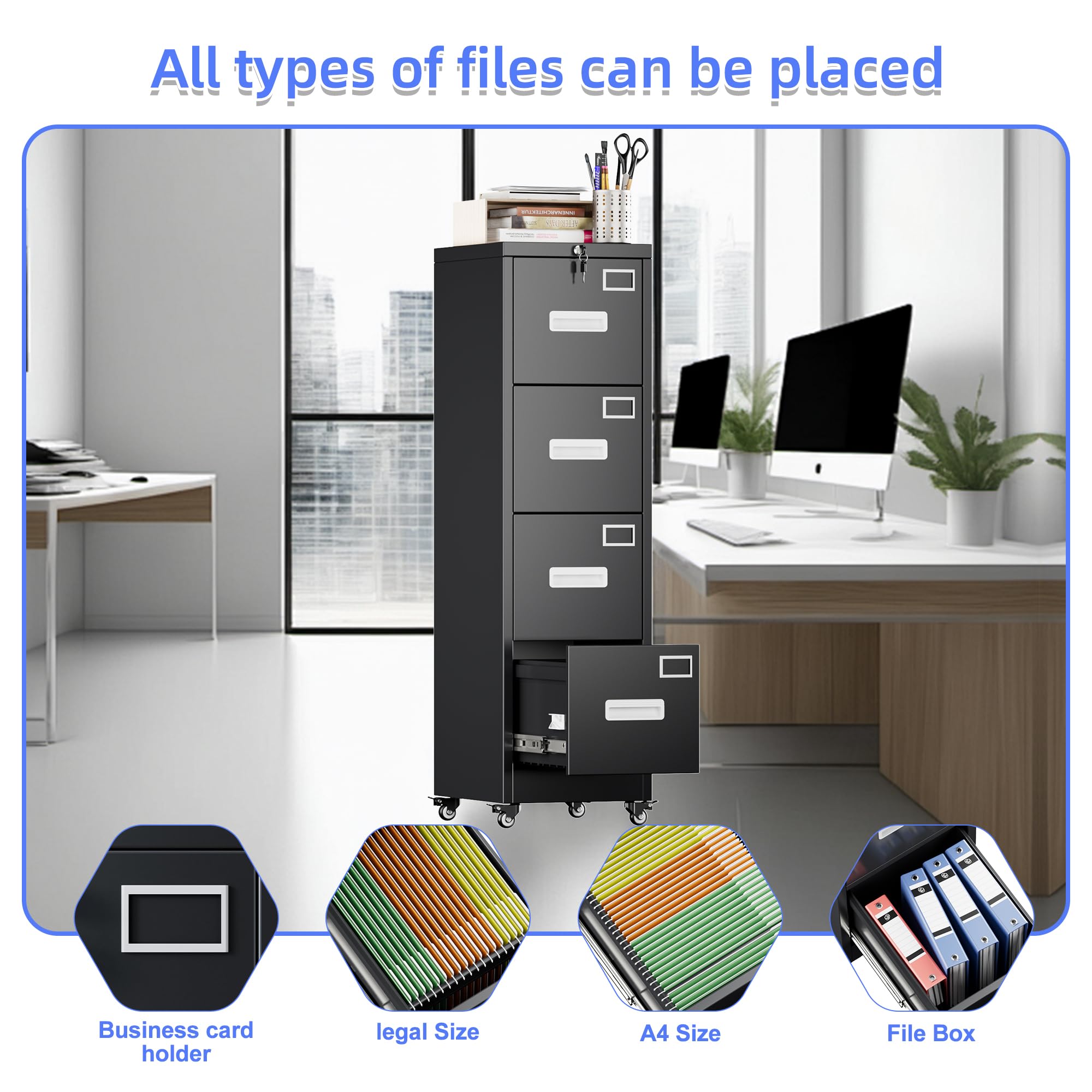4 Drawer Vertical File Cabinet On Wheels, Lockable Assembly Required, Black