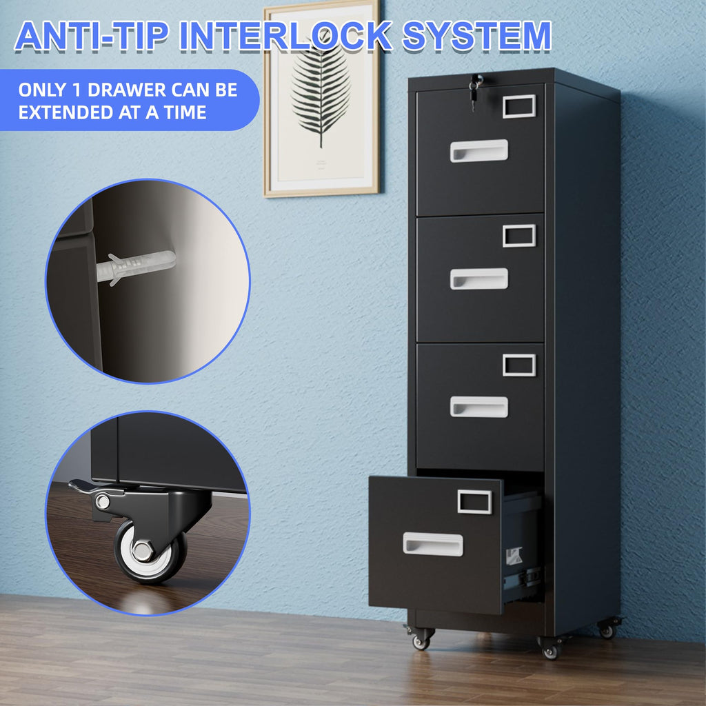 4 Drawer Vertical File Cabinet On Wheels, Lockable Assembly Required, Black