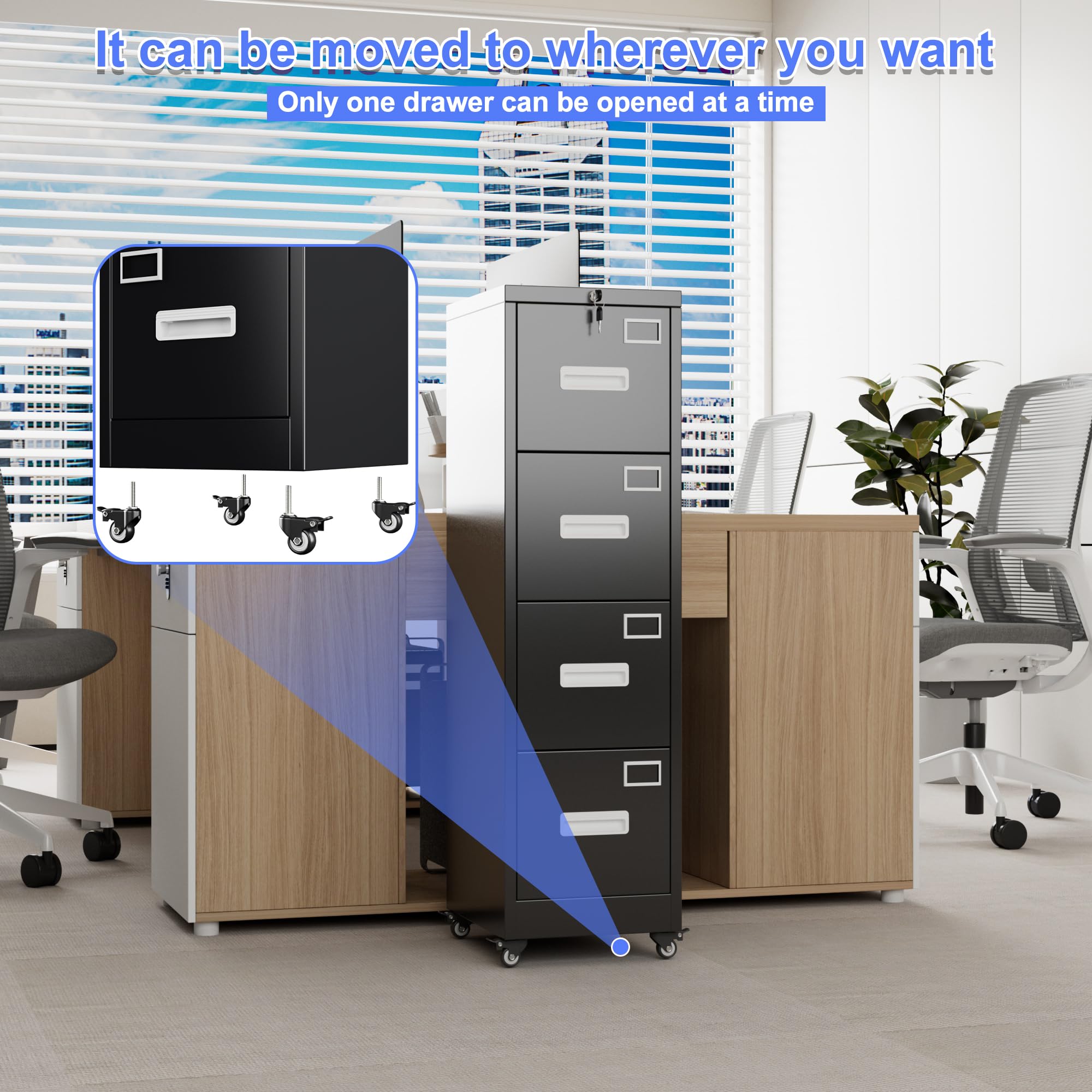 4 Drawer Vertical File Cabinet On Wheels, Lockable Assembly Required, Black