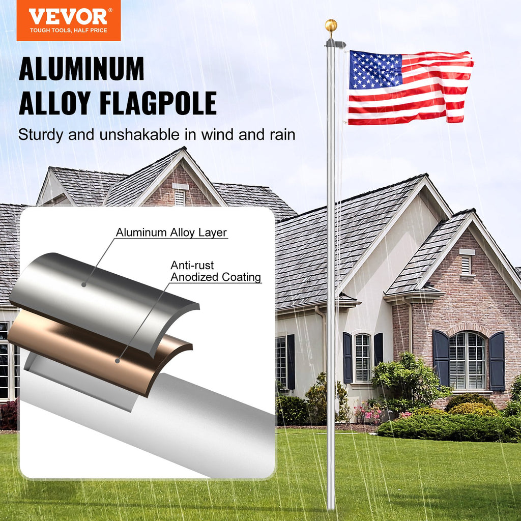 25FT Detachable Aluminum Flagpole Kit Heavy Duty Silver