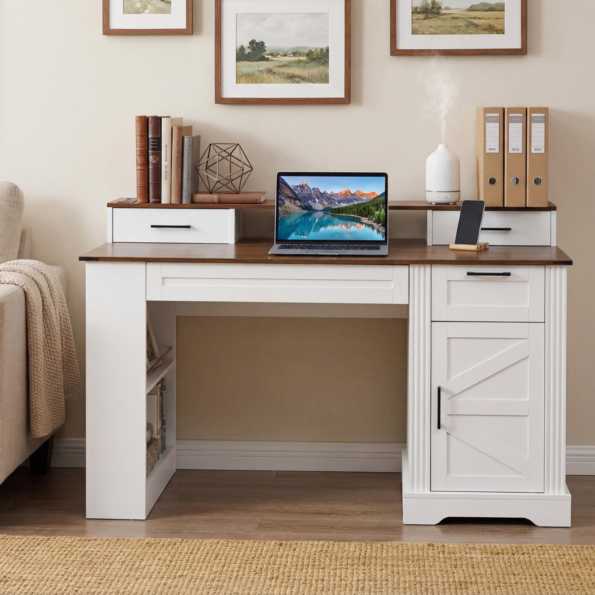 55" Farmhouse Office Desk With Storage Cabinet  Charging Station, Barn Door Design Computer Writing Desk With Keyboard Tray, Monitor Stand And Pegboard, White