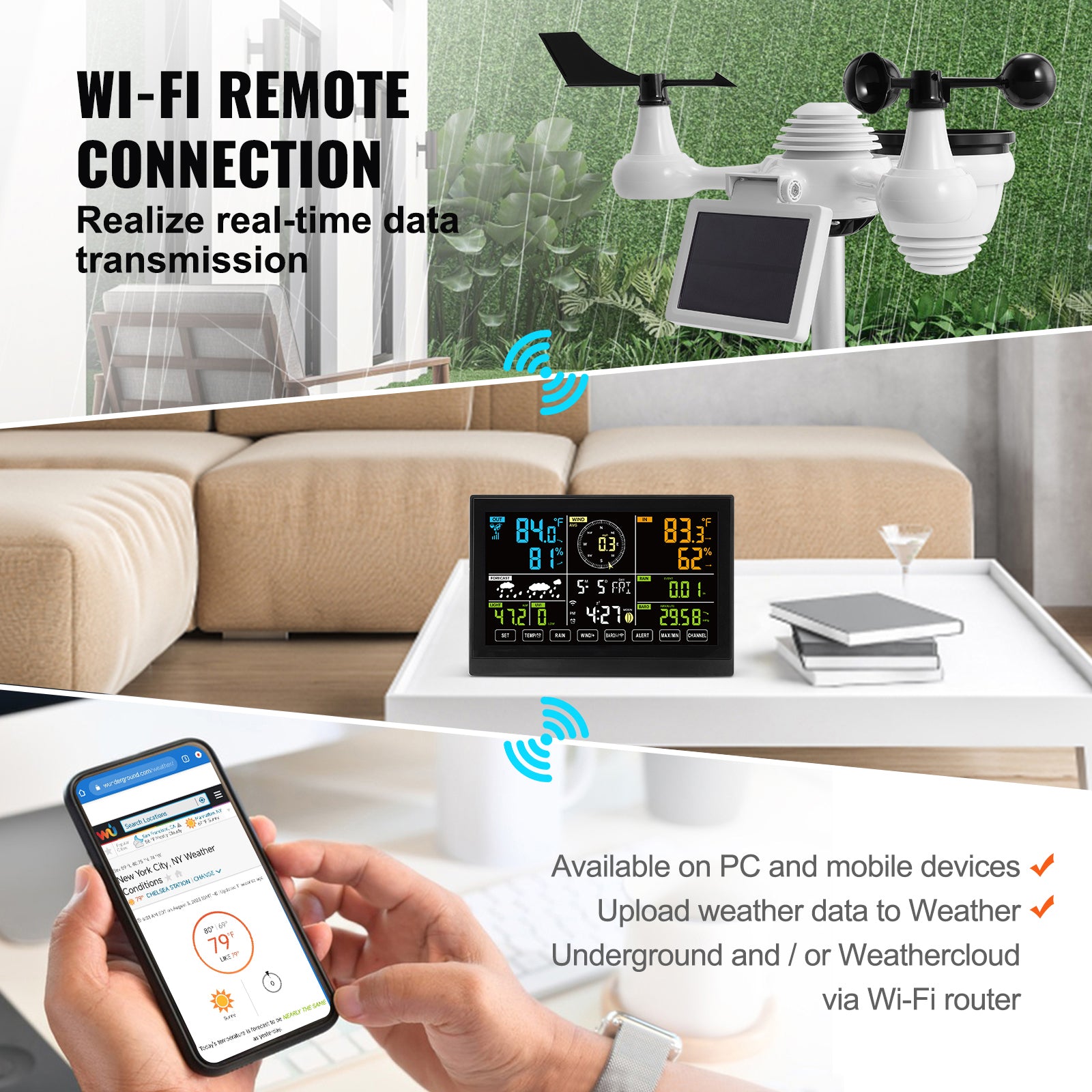 VEVOR 7in1 WiFi Weather Station, 7.5 In Color Display, Home Weather Station Indoor Outdoor, With Solar Wireless Outdoor Sensor  Alarm Alerts, For Temperature Humidity Wind Speed, Direction, Rain