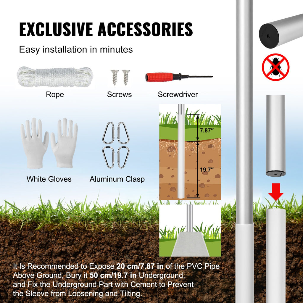 25FT Detachable Aluminum Flagpole Kit Heavy Duty Silver