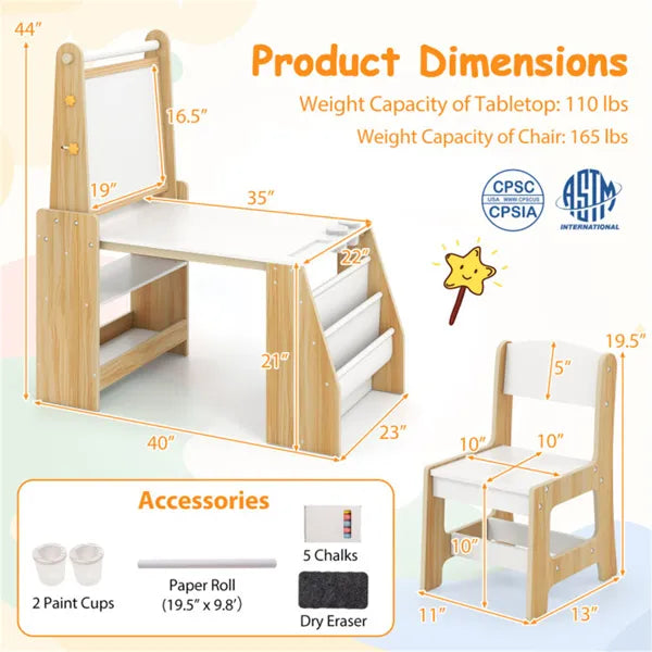 Kids Activity Table With Magnetic Whiteboard/Chalkboard & Paper Roll, Multi-Storage Art Desk For Drawing & Studying