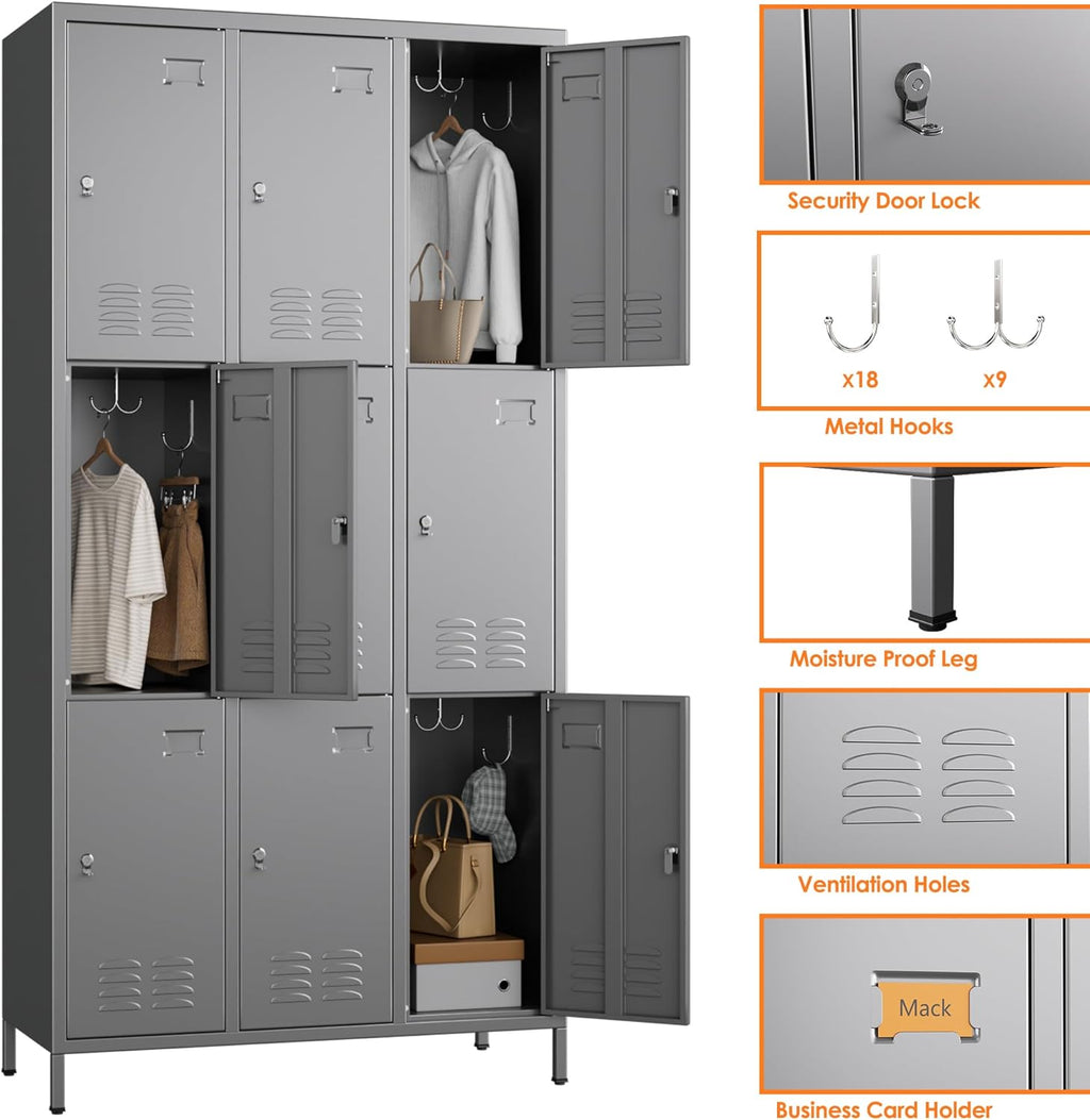 9 Doors Metal Locker With 27 Hooks Assembly Required, Dark Grey