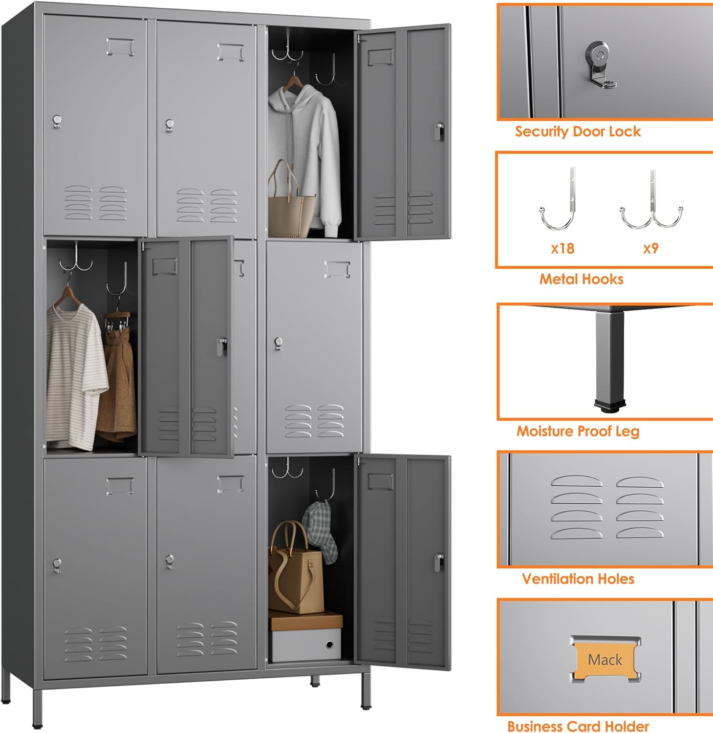 9 Doors Metal Locker With 27 Hooks Assembly Required, Dark Grey