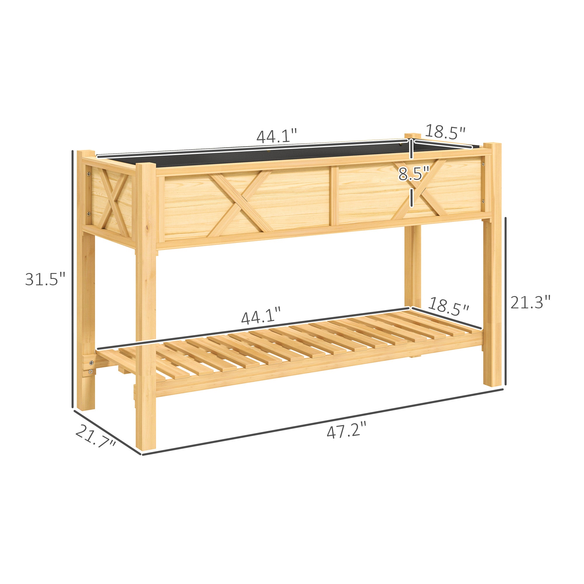 Raised Garden Bed, 47 x 22 x 31.5 in. Elevated Wood Planter Box with Storage Shelf, Drainage Holes, and Liner, Natural