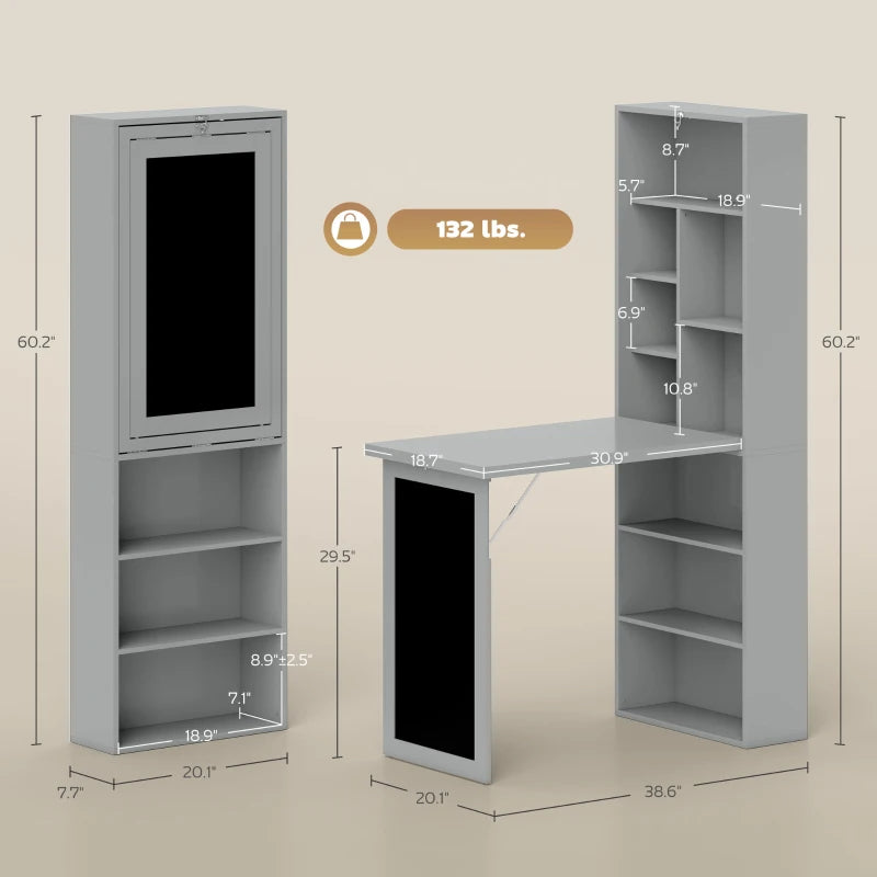 Fold-out Convertible Office Desk, Wall Mount Computer Desk With Blackboard And Side Shelf, Charcoal Gray