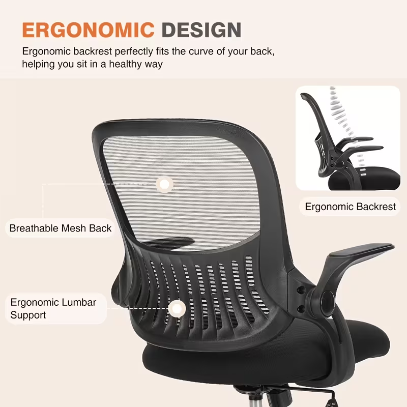 Ergonomic Office Desk Chair with Lumbar Support Fixed or Flip-up Armrest | Gray