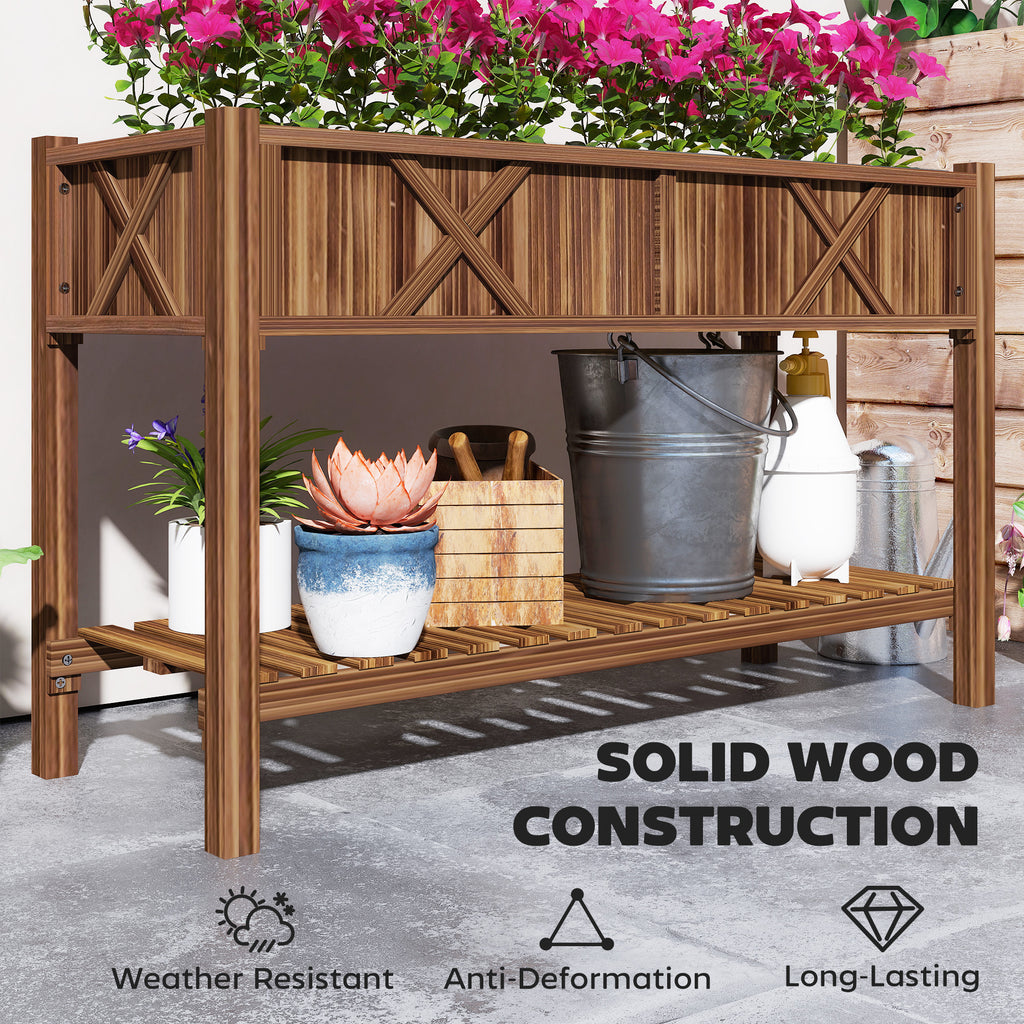 Raised Garden Bed, 47 x 22 x 31.5 in Elevated Wood Planter Box with Storage Shelf, Drainage Holes and Liner, Carbonized
