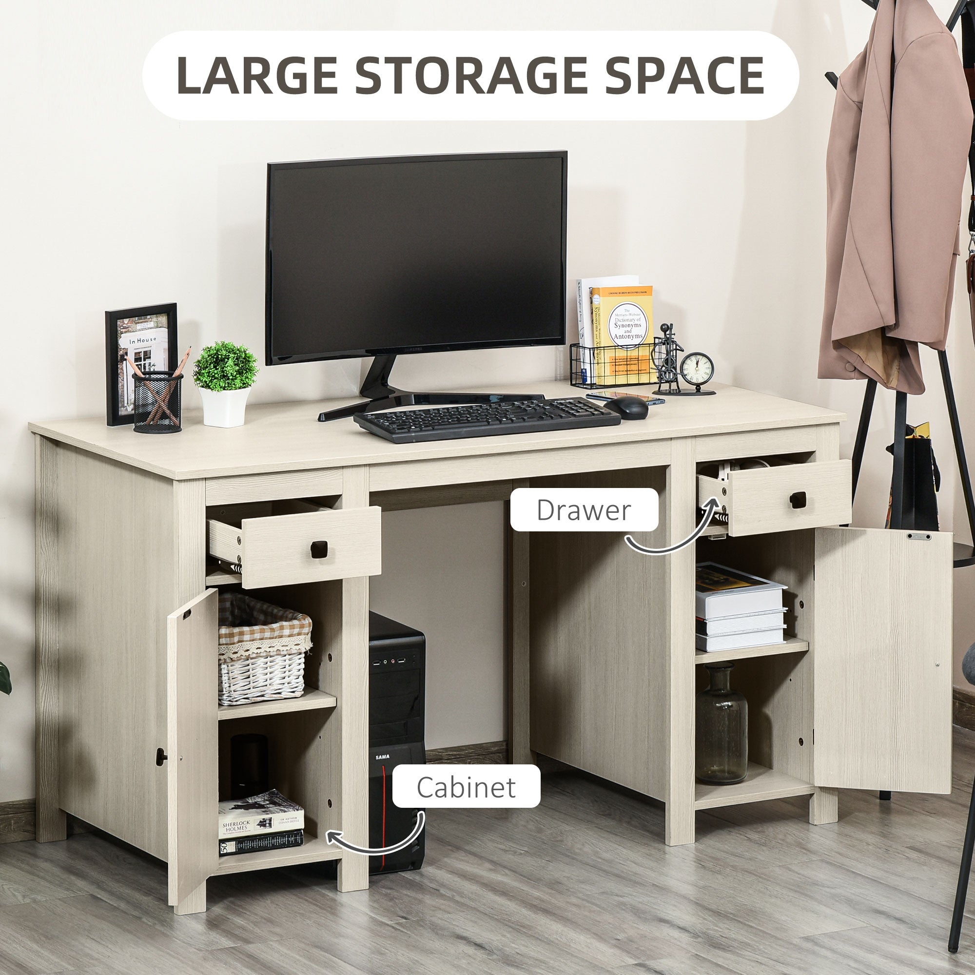 Farmhouse Computer Desk With Storage, Cream White