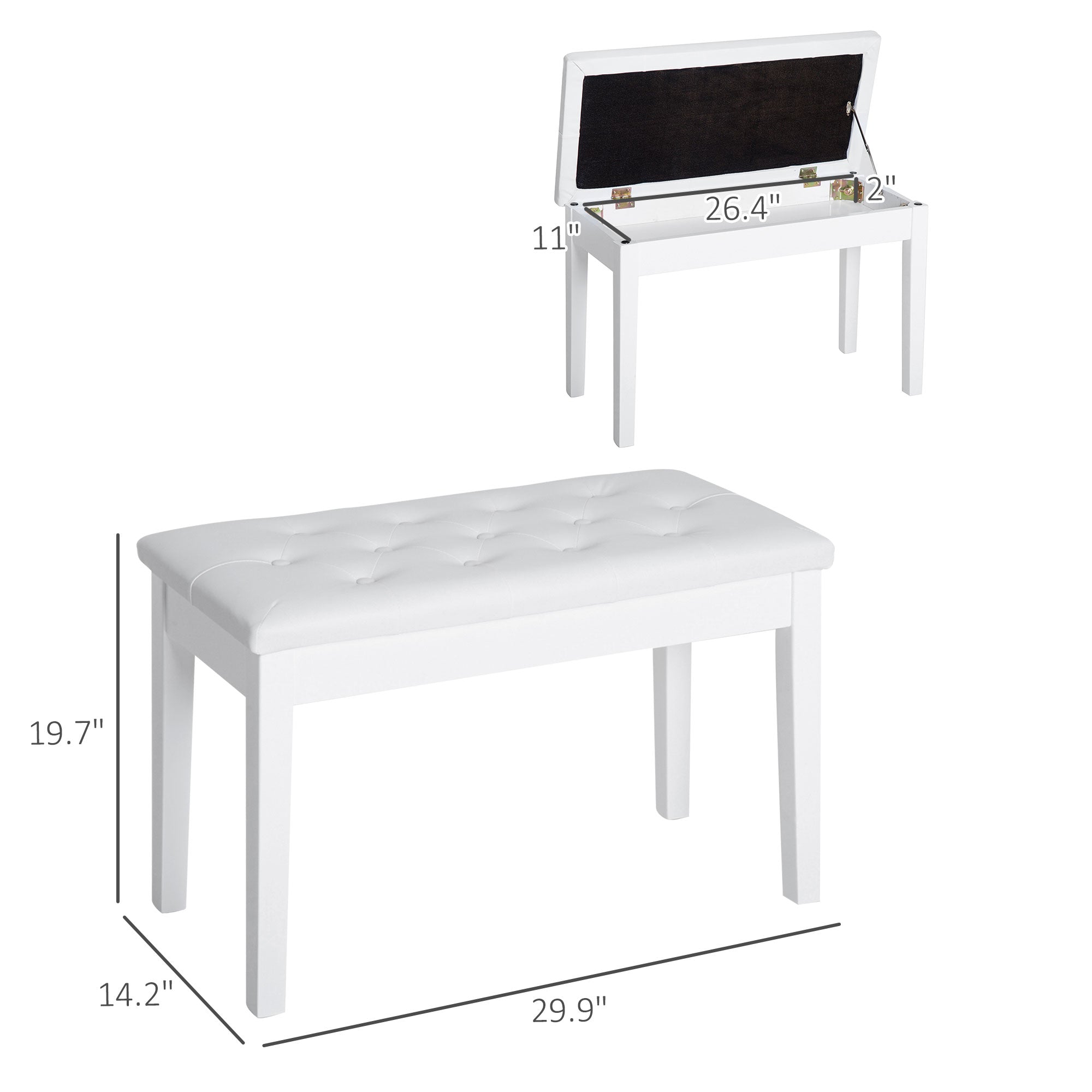Piano Bench, Duet Piano Chair with Faux Leather Padded Cushion, White