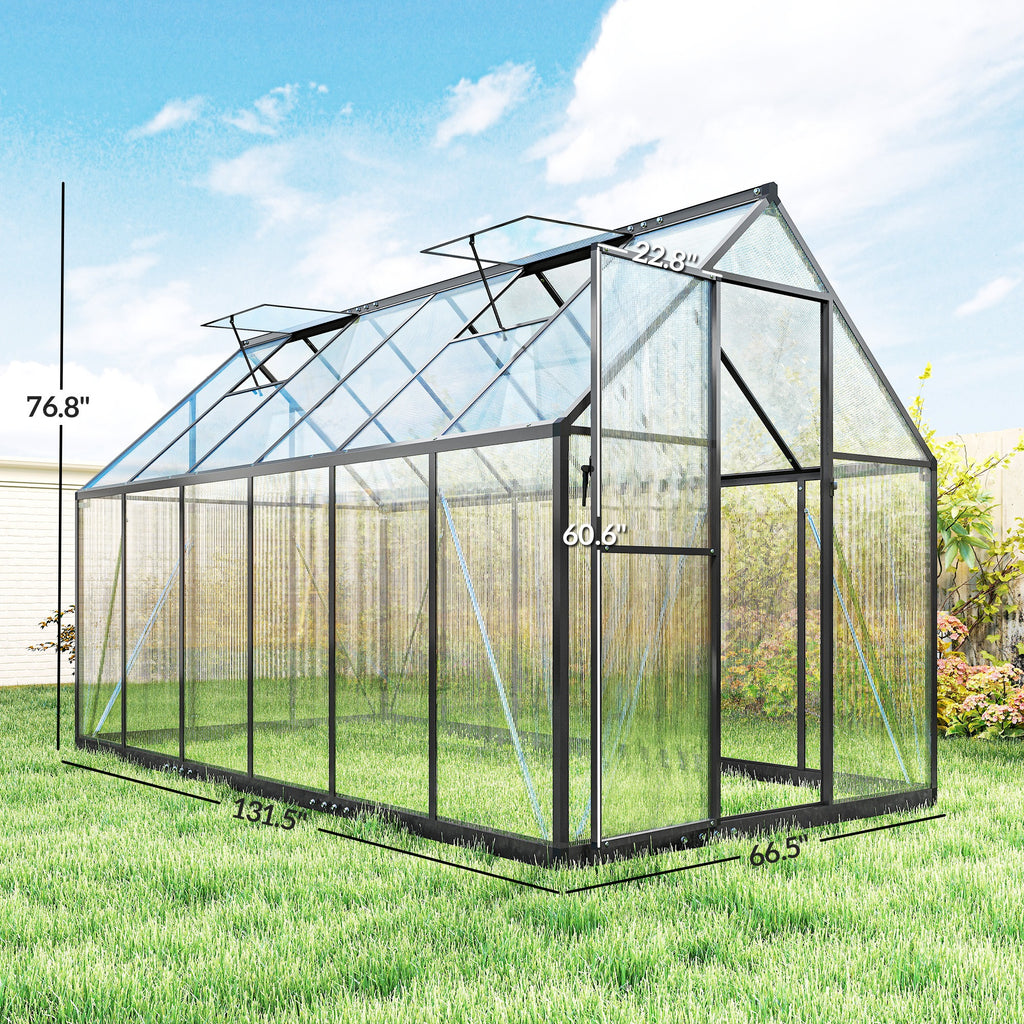 Polycarbonate Greenhouse With Swing Door And Two Adjustable Roof Vents, Aluminum Walk-in Greenhouse, 11x6 Ft, Black