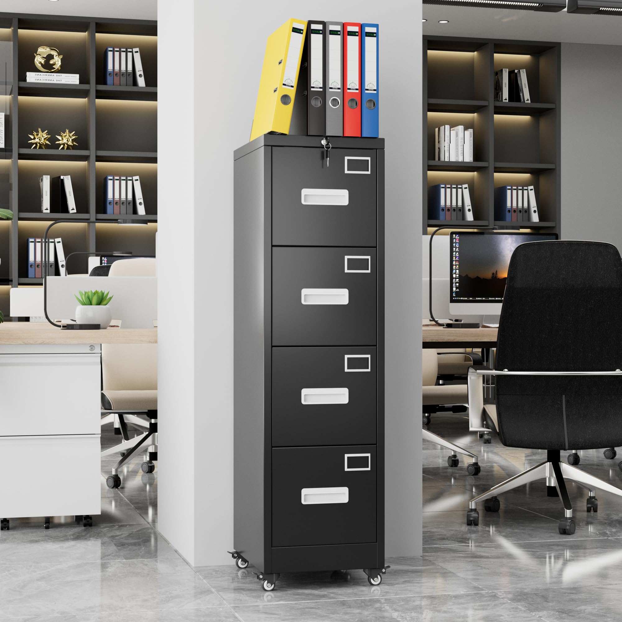 4 Drawer Vertical File Cabinet On Wheels, Lockable Assembly Required, Black