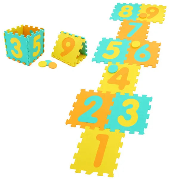Yellow Kids Hopscotch Foam Mat With 9 Interlocking Tiles & 3 Marker Discs, Non-Slip Play Mat For Toddlers 10 Months+