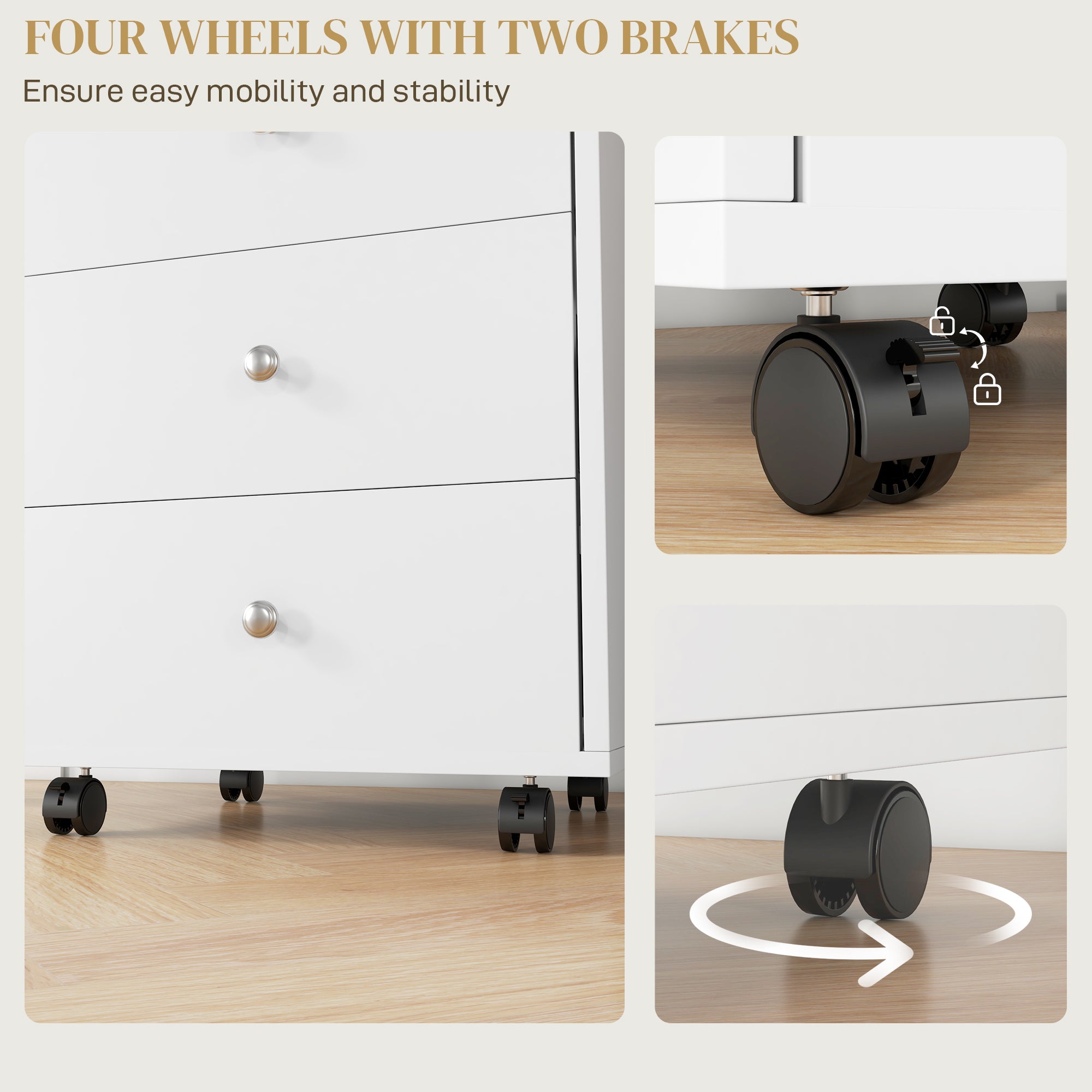 3 Drawer File Cabinet on Wheels Mobile Home Office Storage Cabinet with Top Tray Under Desk Printer Stand, White