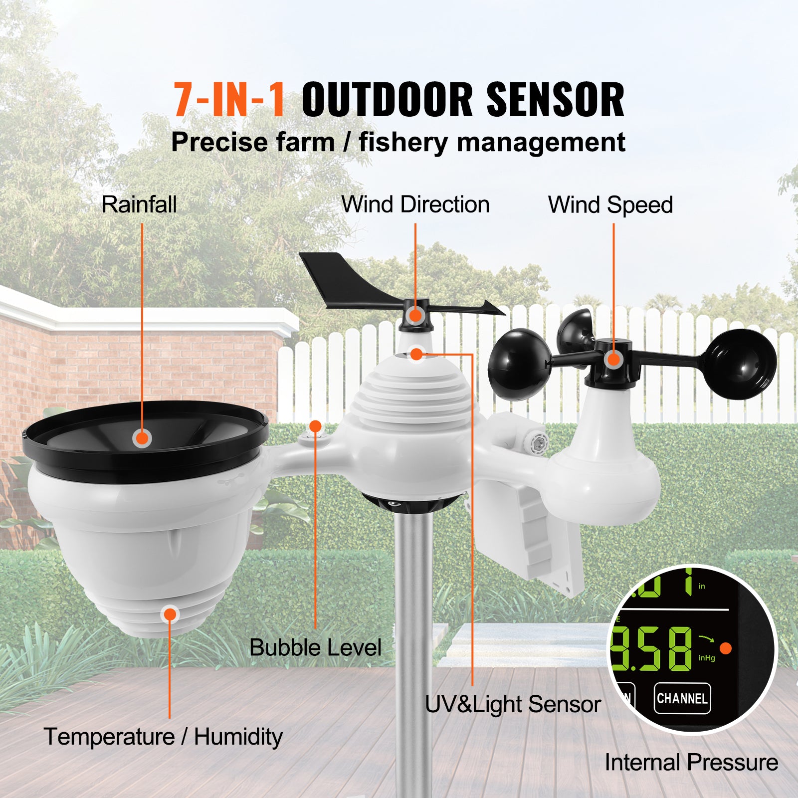VEVOR 7in1 WiFi Weather Station, 7.5 In Color Display, Home Weather Station Indoor Outdoor, With Solar Wireless Outdoor Sensor  Alarm Alerts, For Temperature Humidity Wind Speed, Direction, Rain
