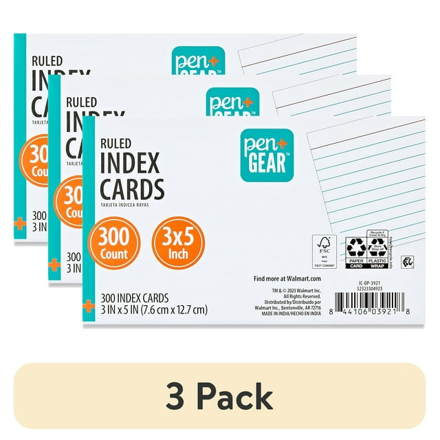 3 Pack Pen + Gear Index Cards, White, 300 Count 3"x5"