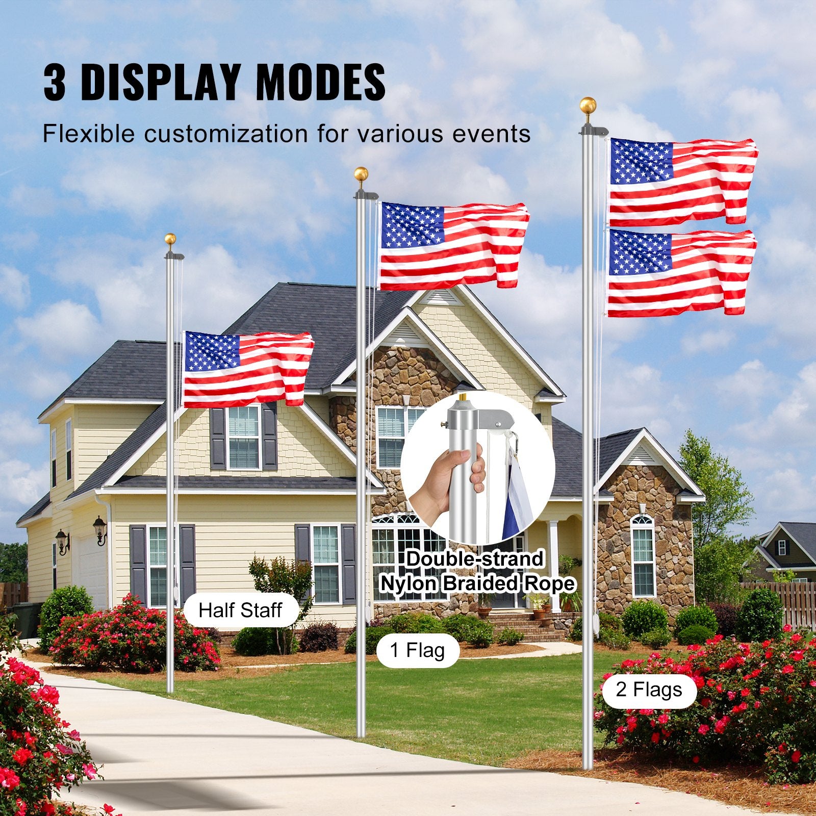 25FT Detachable Aluminum Flagpole Kit Heavy Duty Silver