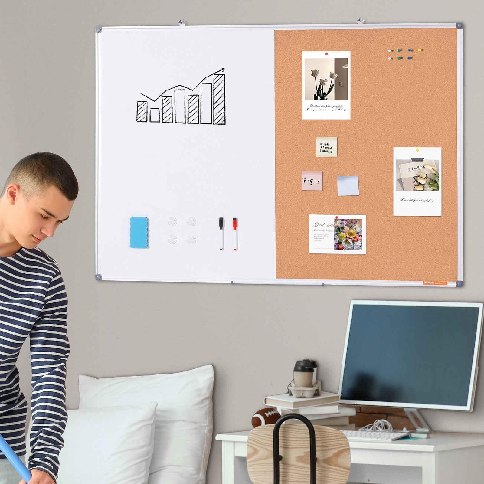 48'x 36' Whiteboard & Cork Board Combo With Aluminum Frame – 2-in-1 Magnetic Dry Erase Bulletin Board For Wall Mount