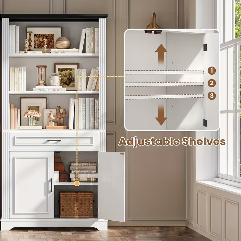 Farmhouse Bookcase with Doors & Drawer, 6 Shelves