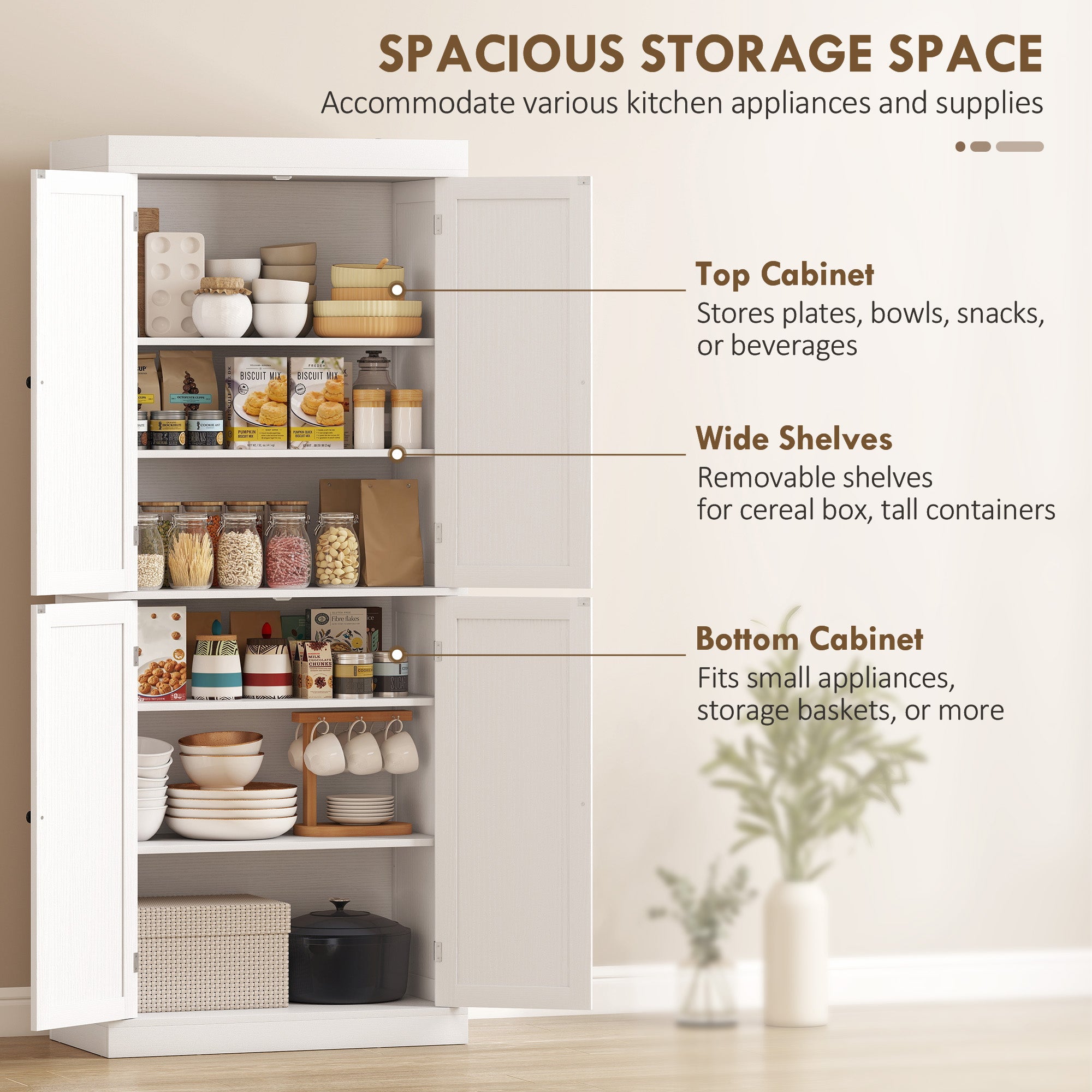 72" Storage Cabinet With Doors And Shelves,White Wood Grain