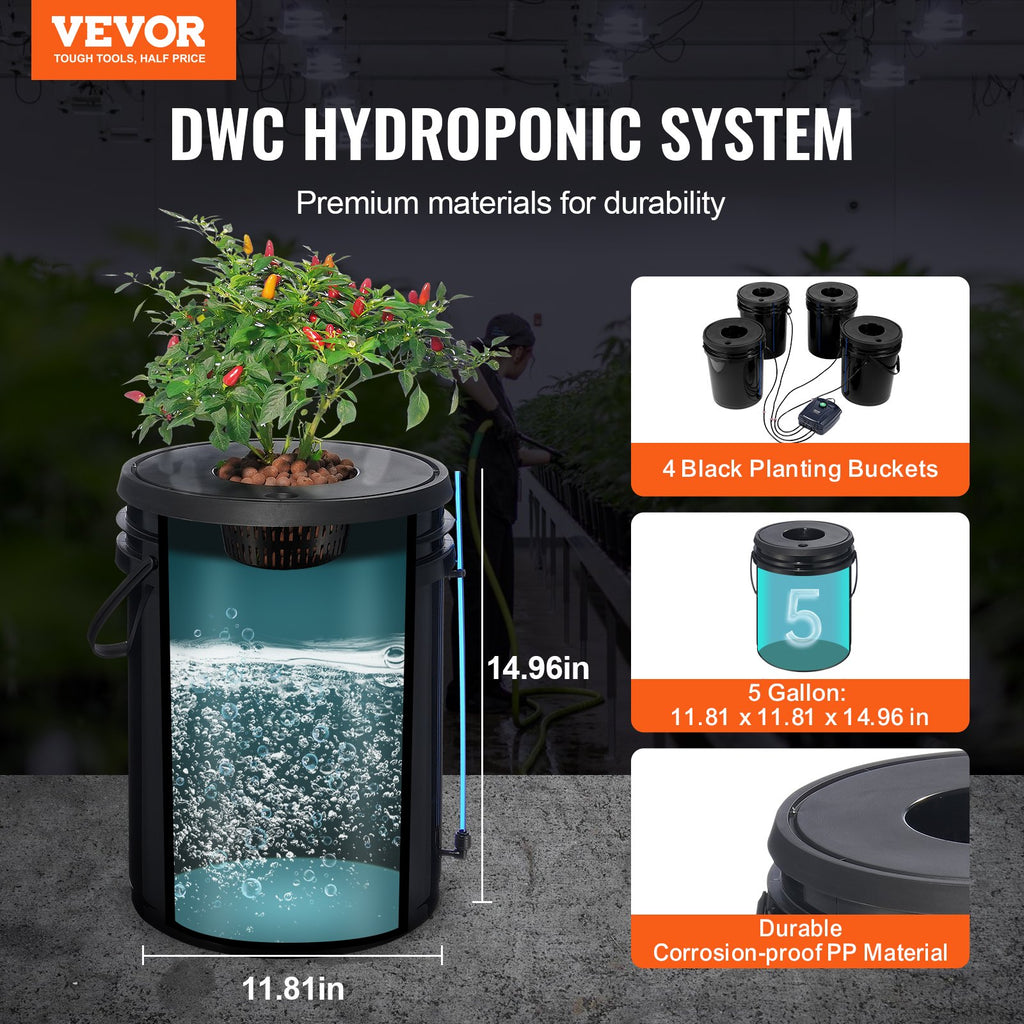 DWC Hydroponic System, 5 Gallon 4 Buckets