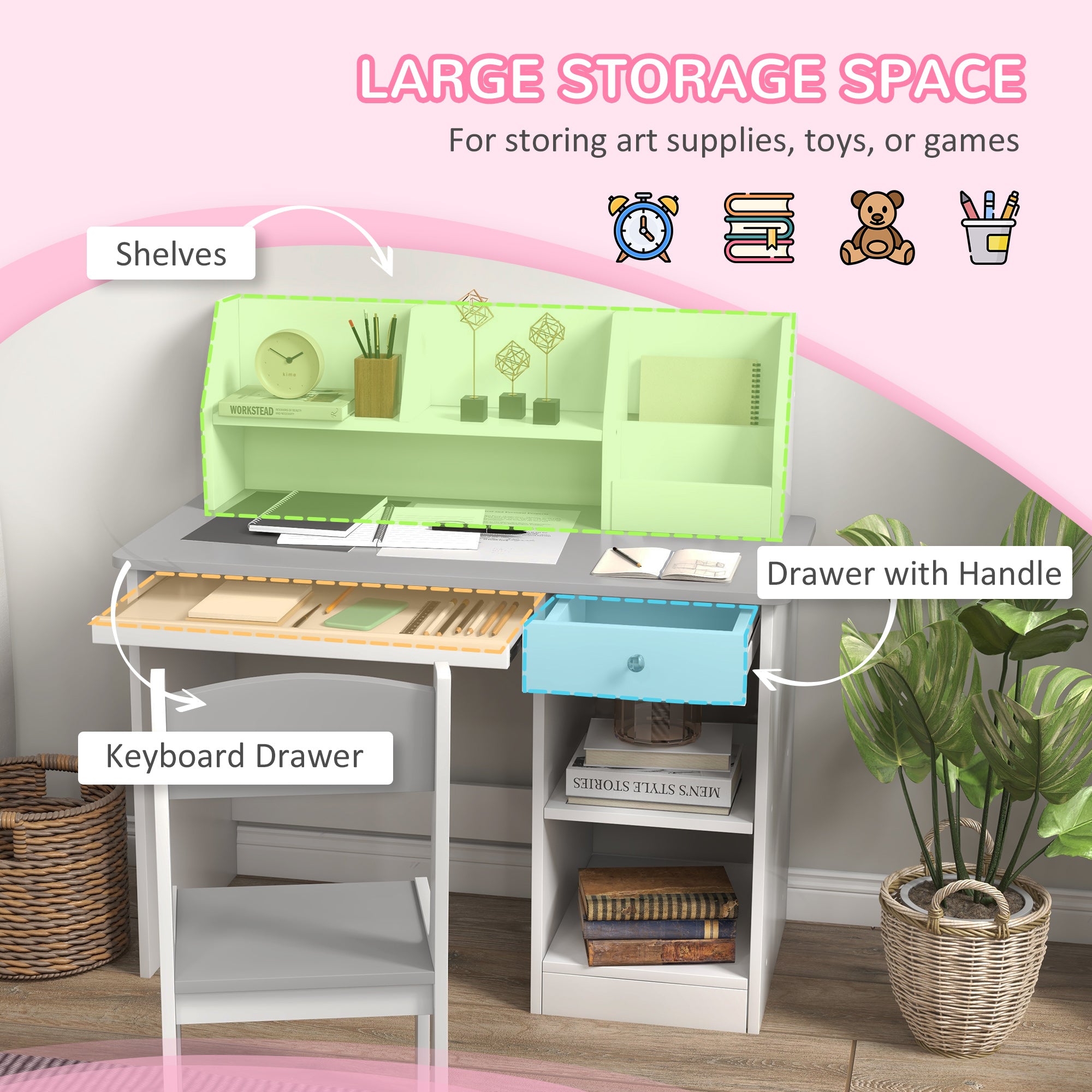 Kids Desk And Chair Set With Storage, Children 5-8 Years Old, Gray