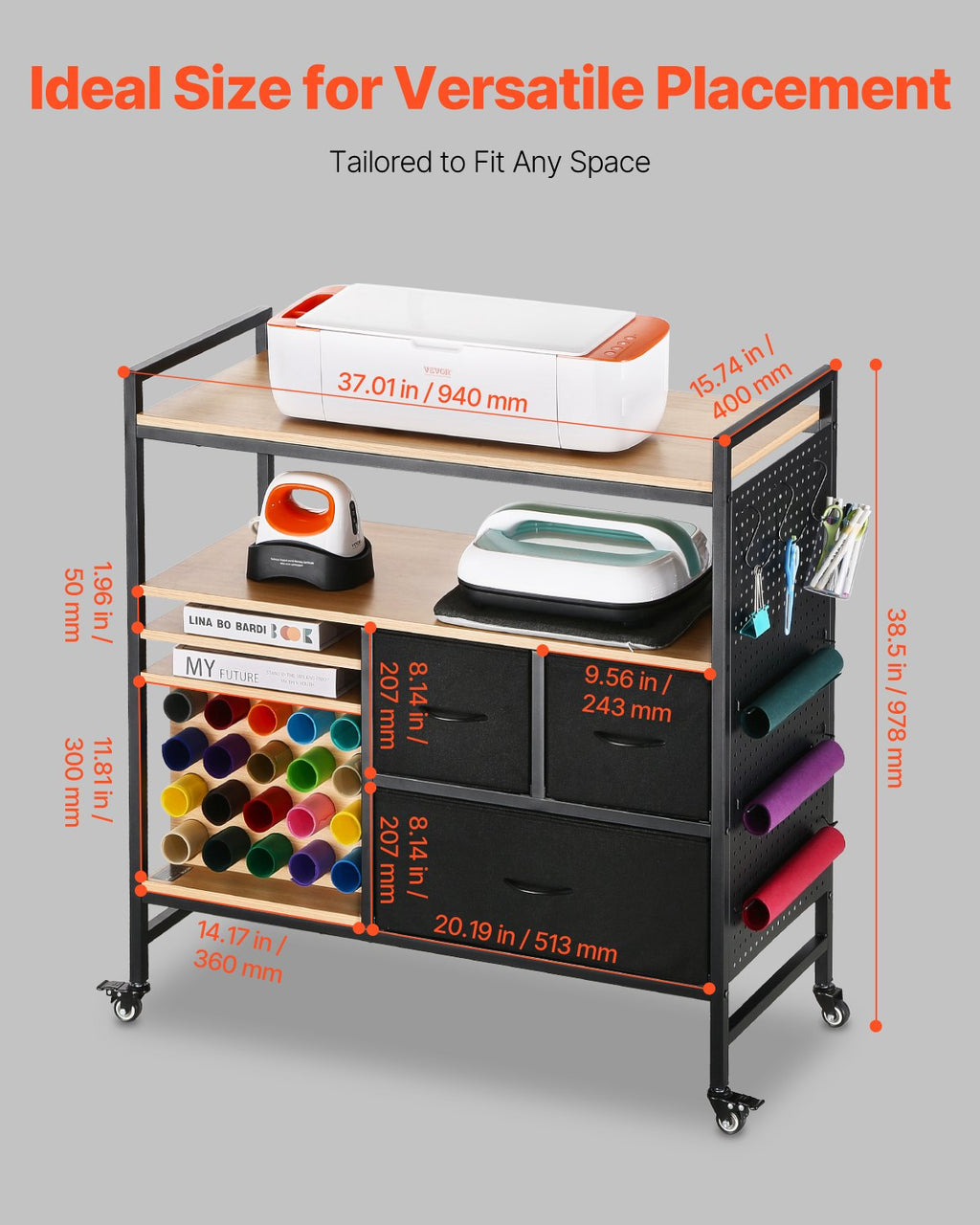 Rolling Craft Cart And Storage Table, Compatible With Cricut Machines, Black