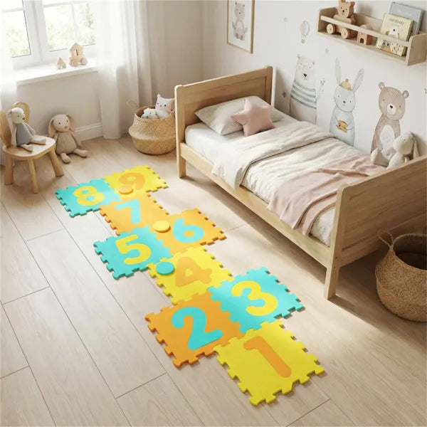 Yellow Kids Hopscotch Foam Mat With 9 Interlocking Tiles & 3 Marker Discs, Non-Slip Play Mat For Toddlers 10 Months+